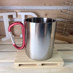 Silver Stainless steel mug with Carabiner handle RED