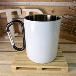 WHITE Stainless steel mug with Carabiner handle BLACK