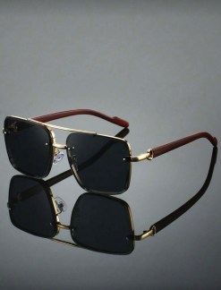 New Retro Double-Bridge Pilot Frame Fashion Fashion Glasses For Men And Women, Faux Wood Texture Temple, Minimalist Elegant Style, Suitable For Daily Wear