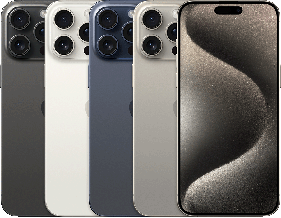iPhone 15 Pro Max — toestel in verschillende aanzichten en kleuren