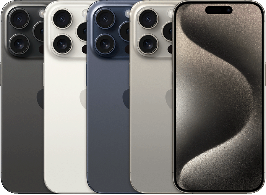 iPhone 15 Pro — toestel in verschillende aanzichten en kleuren