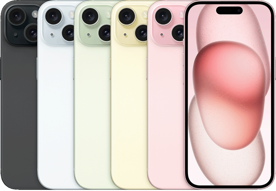 iPhone 15 — voor- en achterzijde in verschillende kleuren