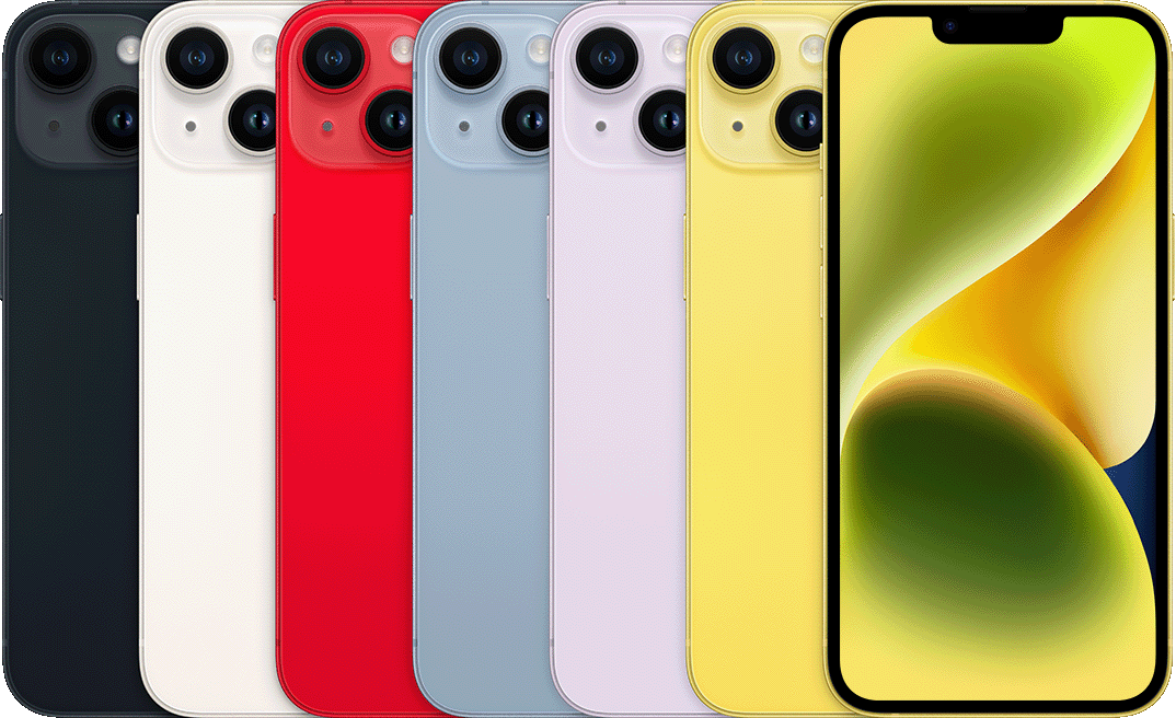 iPhone 14 — toestel in verschillende aanzichten en kleuren