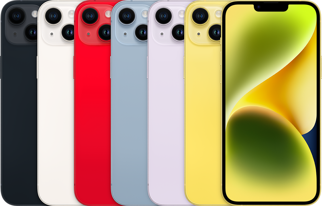 iPhone 14 plus — toestel in verschillende aanzichten en kleuren