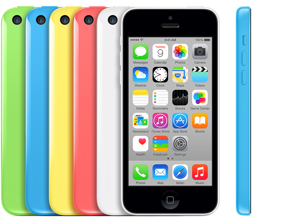 iPhone 5c — toestel in verschillende aanzichten en kleuren