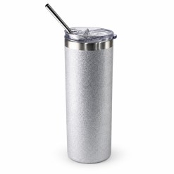 SUBLIMATION SKINNY TUMBLER GLITTER SILVER op een studioachtergrond