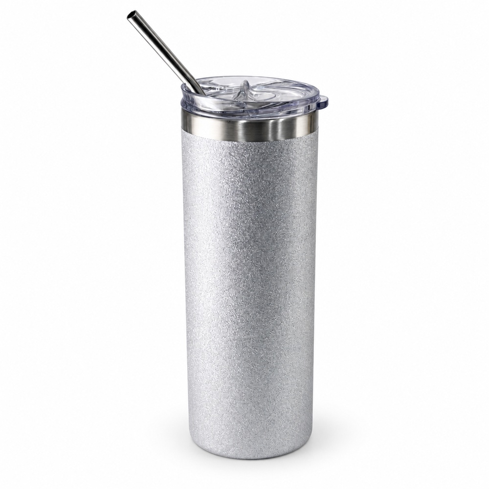 SUBLIMATION SKINNY TUMBLER GLITTER SILVER – studiofoto SUBLIMATION SKINNY TUMBLER GLITTER SILVER op een studioachtergrond