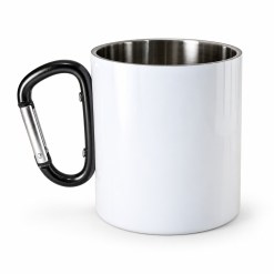 WHITE Stainless steel mug with Carabiner handle BLACK op een studioachtergrond