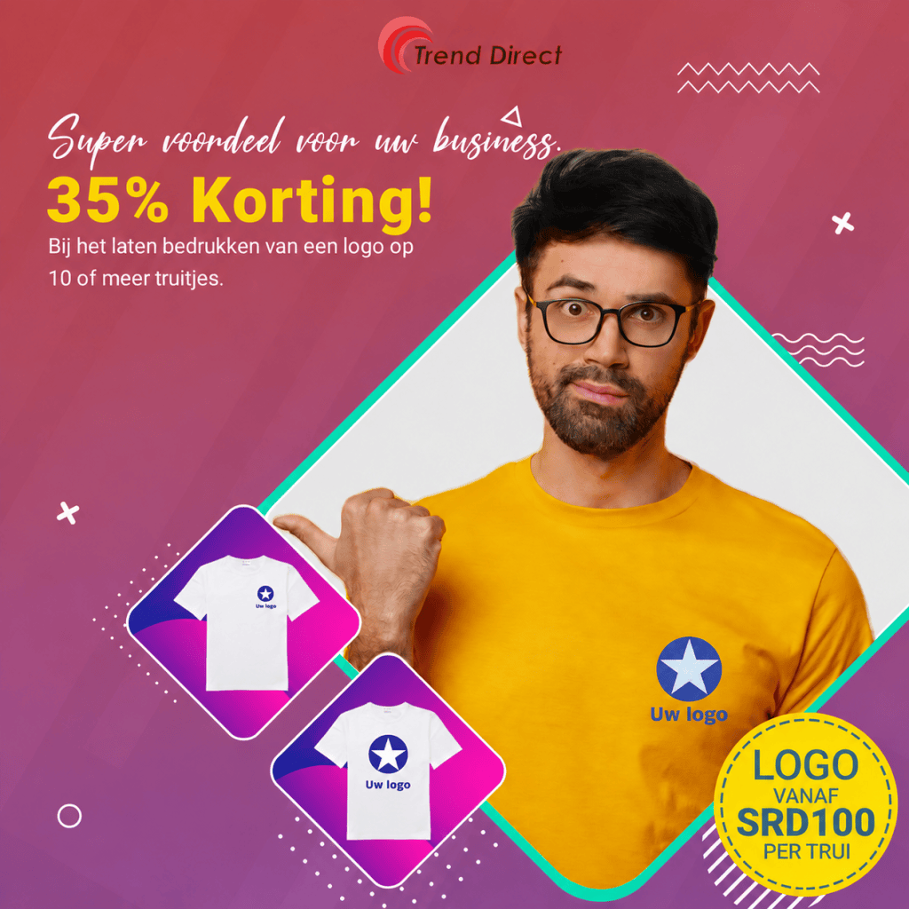 35% korting bij het laten bedrukken van een logo op 10 of meer T-shirts bij Trend Direct.
